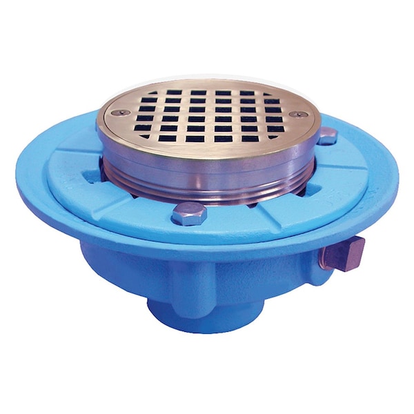 4in No Hub Code Blue Floor Drain, 9in Pan, 4in Polished Brass Strainer, Height 3-3/8in - 4-5/8in